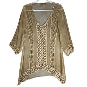YOUVAN Sheer Crochet Trim Tunic Top Sz M Kimono Style Asymmetric Boho Artsy